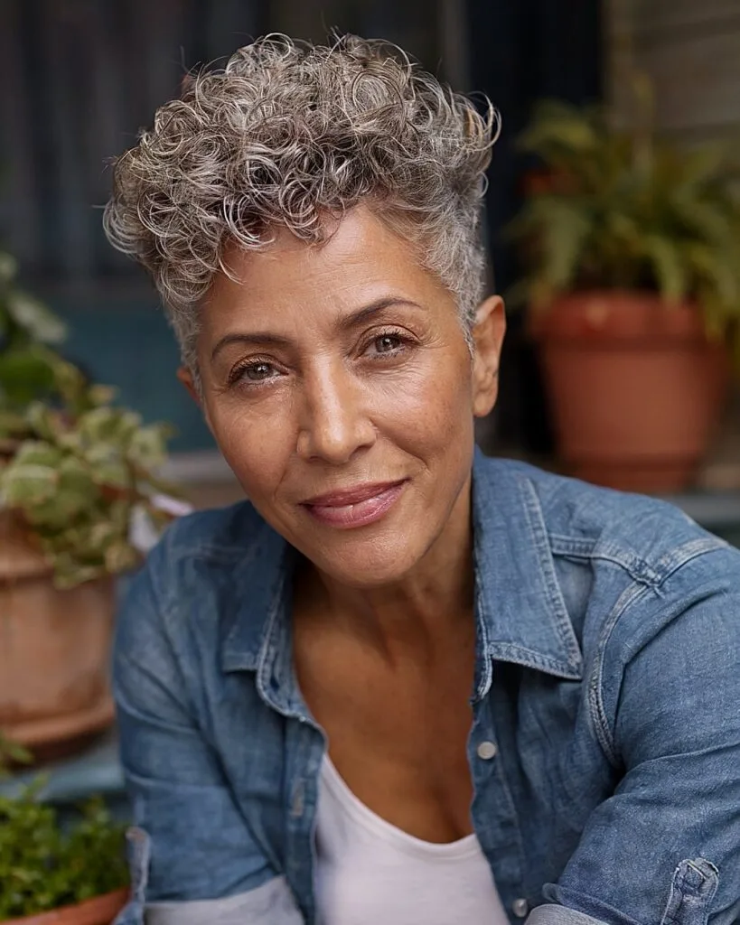 Gray pixie cut with natural curls for thick curly hair over 50