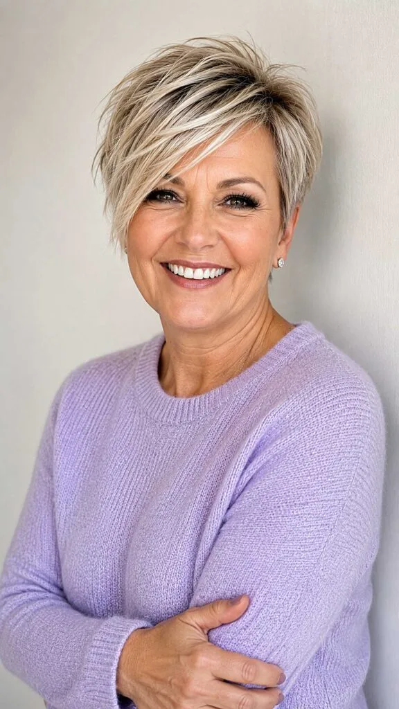 Highlighted Blonde Pixie with Swept Fringe and Razor Texture