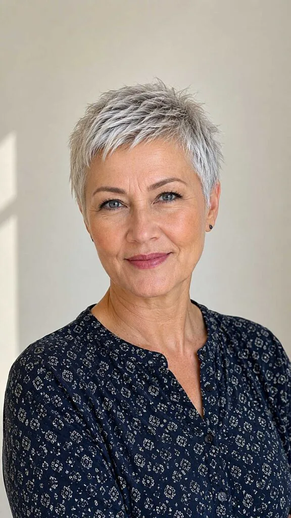 Icy silver choppy pixie with textured layers, blue eyes