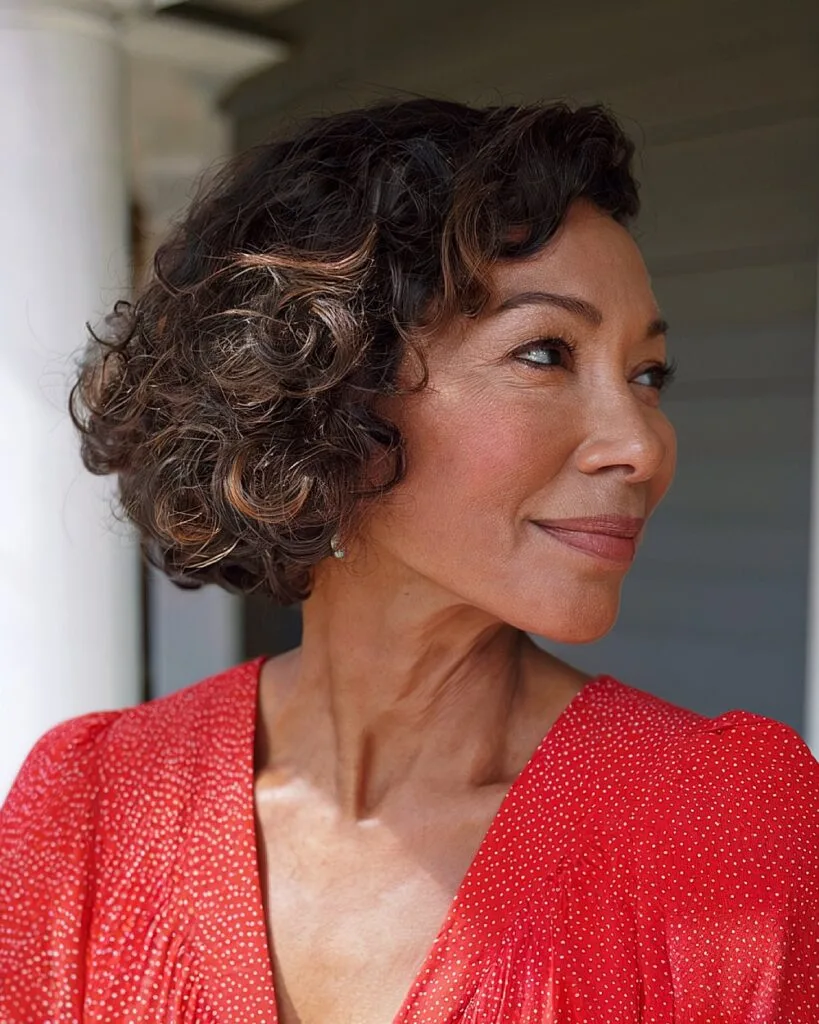 Inverted curly bob for thick natural hair over 50 with soft side part