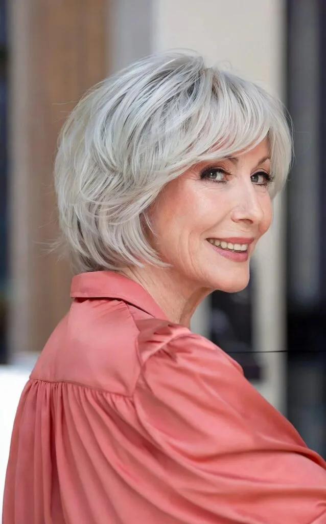 Jaw-Length Feathery Layered Bob with Side-Swept Bangs for women over 60