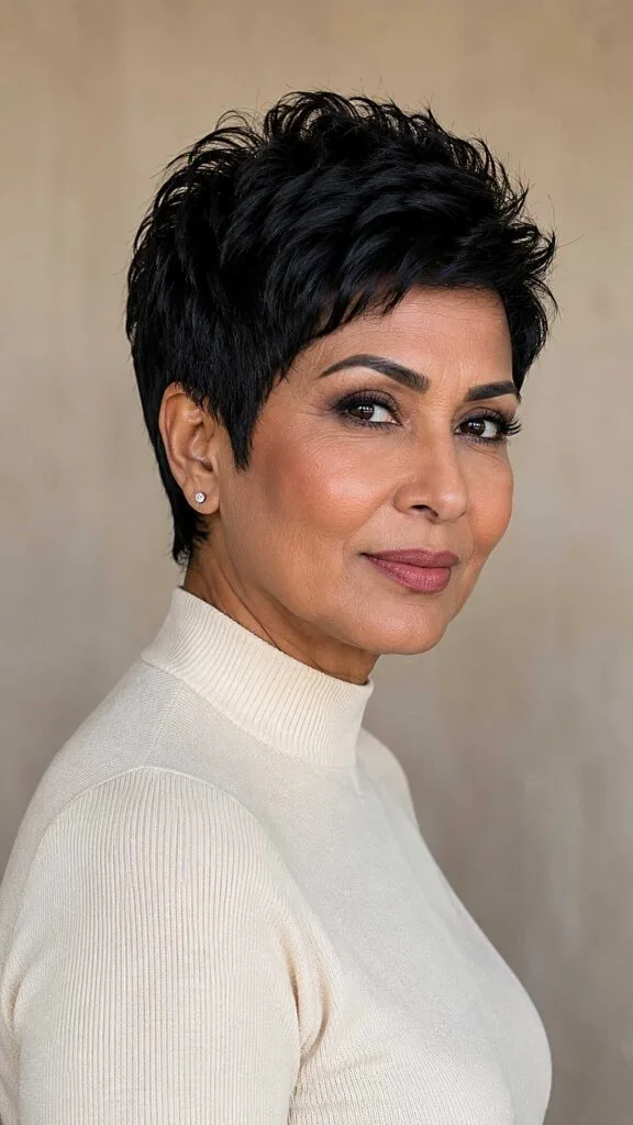 Jet black layered pixie with volume on top, ivory top