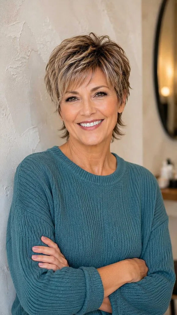 Layered Bronde Pixie with Feathered Nape and Crown Texture
