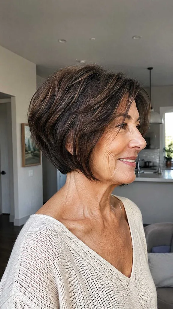 Layered brunette angled bob with caramel highlights