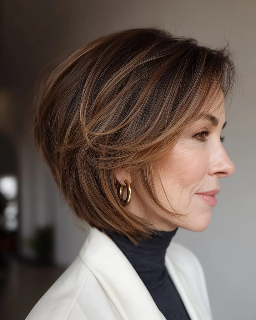 Layered feathered bob for women over 50 with soft face-framing and chestnut lowlights