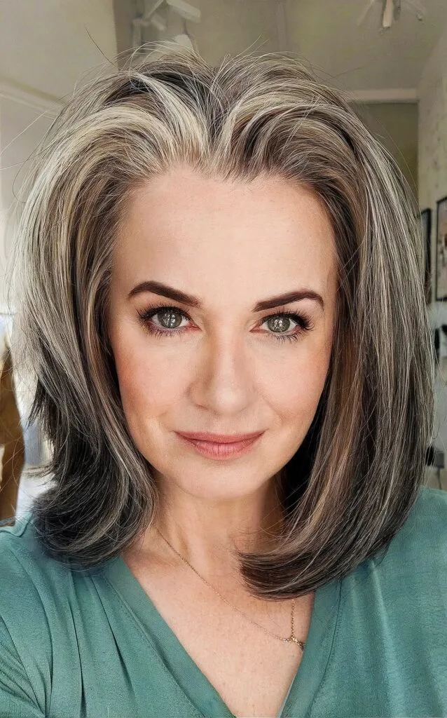Layered long bob cut for women with salt and pepper hair