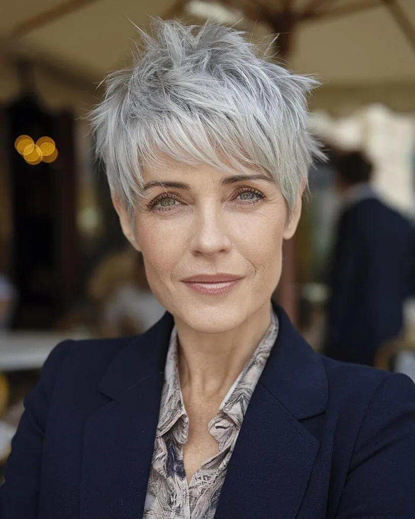 Layered pixie cut for women over 50 with thick silver hair and choppy texture