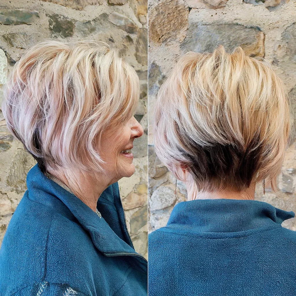 Layered Stacked Bob Featuring Highlights and Lowlights for 70-Year-Olds