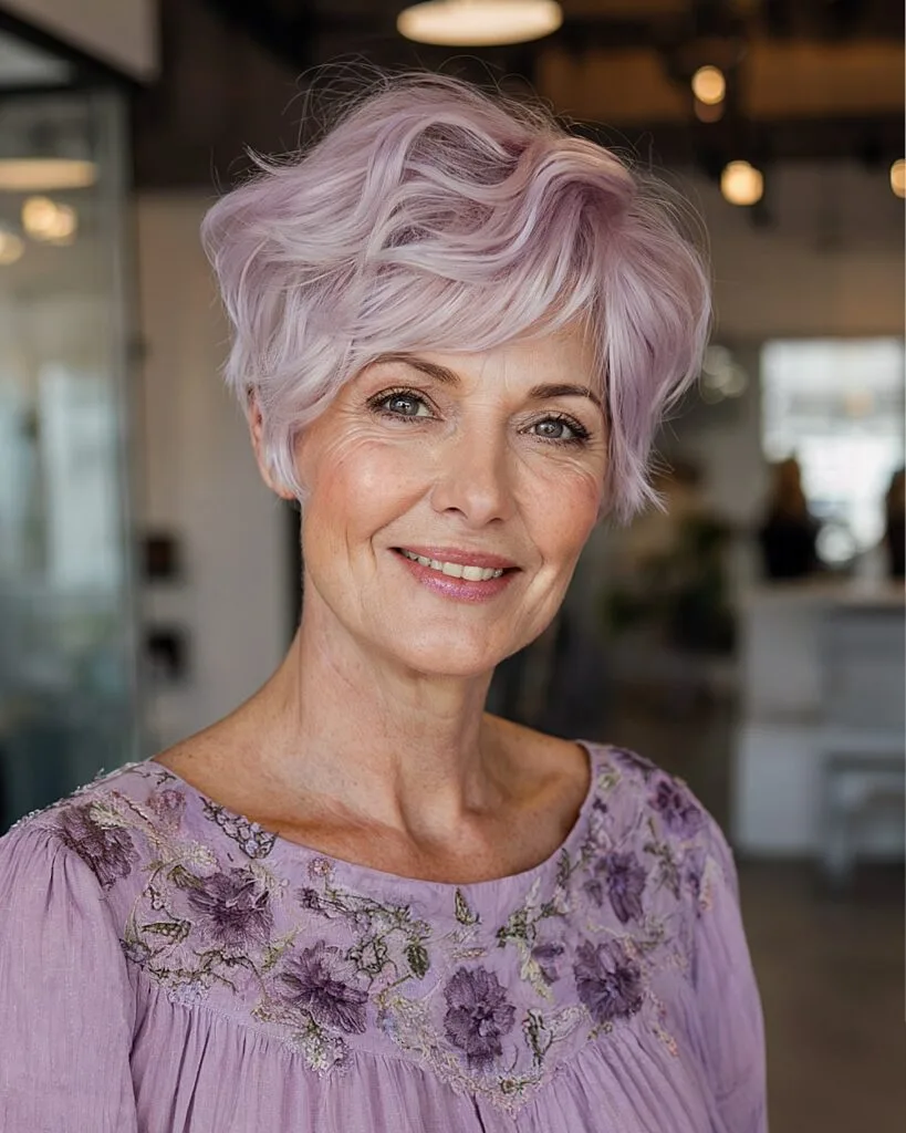 Layered wavy pixie cut with root volume and soft blonde waves for women over 50