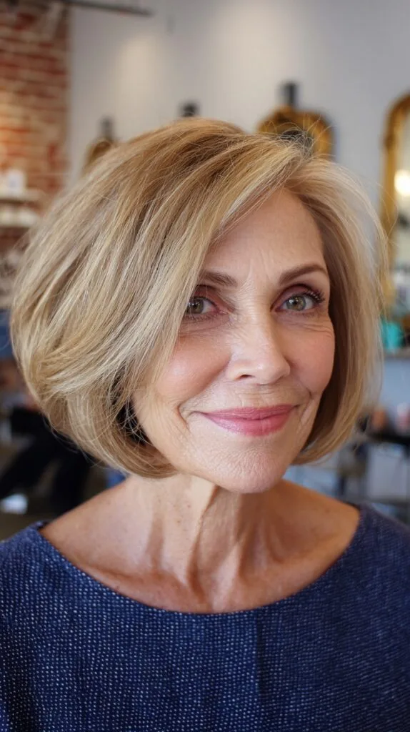 Light Blonde Angled Bob with Sunkissed Highlights