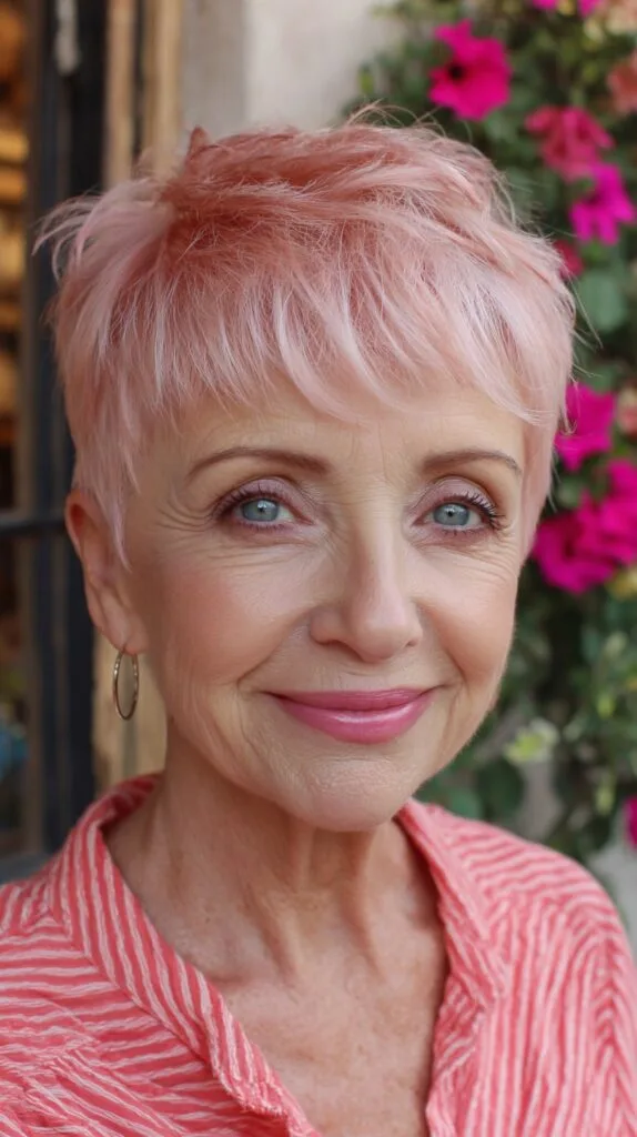 Light Rose-Pink Short Pixie with Choppy Fringe and Airy Crown