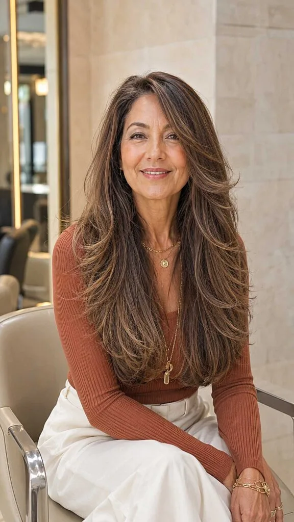 Long layered brunette hair with subtle highlights and volume