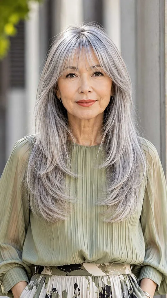 Long layered pewter gray hair with feathered curtain bangs
