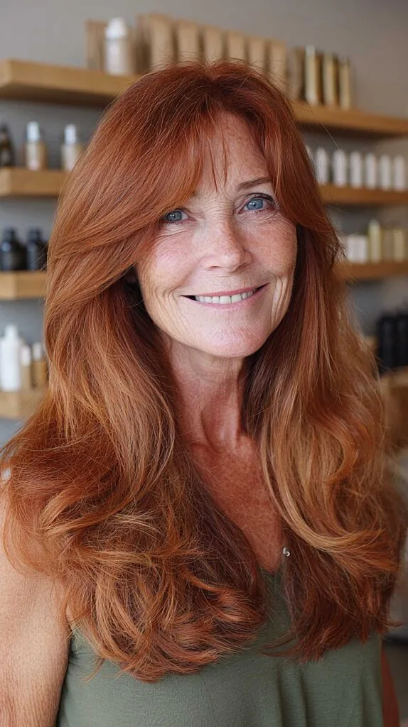 Long rich copper red hair with curtain bangs and curled ends