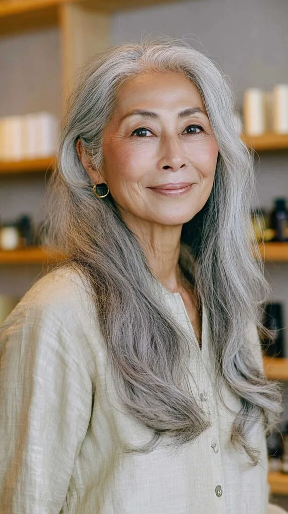 Long side-swept gray hair with natural wave and movement