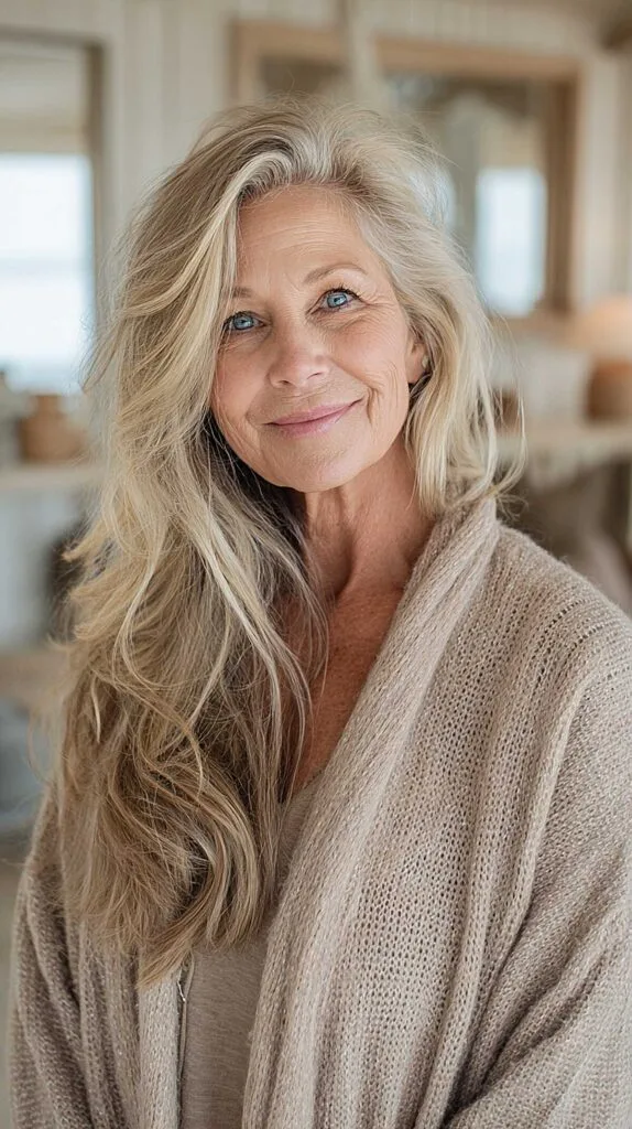 Long tousled sandy blonde wavy hair with soft highlights
