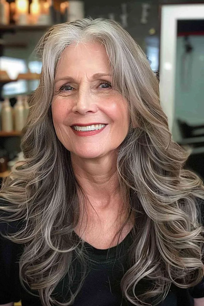 Long Wavy Hair with Center Part for a woman in her 60s