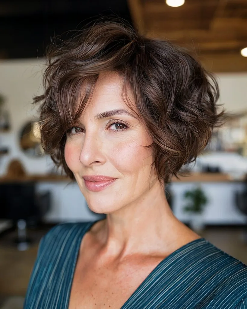 Long wavy pixie cut with bangs and soft brunette layers for women over 50