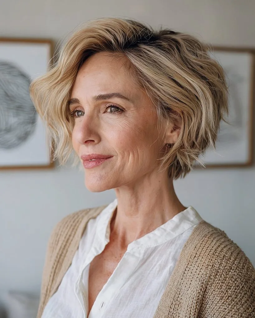Long wavy pixie cut with side part for women over 50 and fine to medium hair