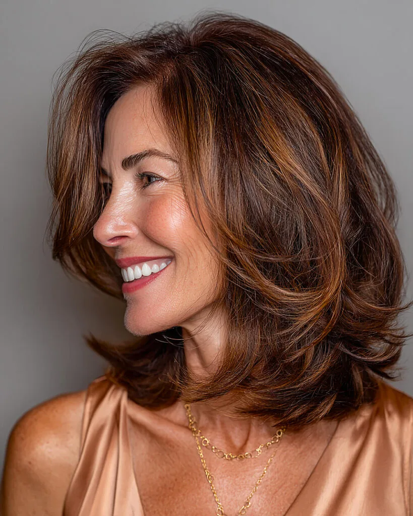 LustraHair long bob for women over 50 with voluminous layers and glossy chestnut highlights
