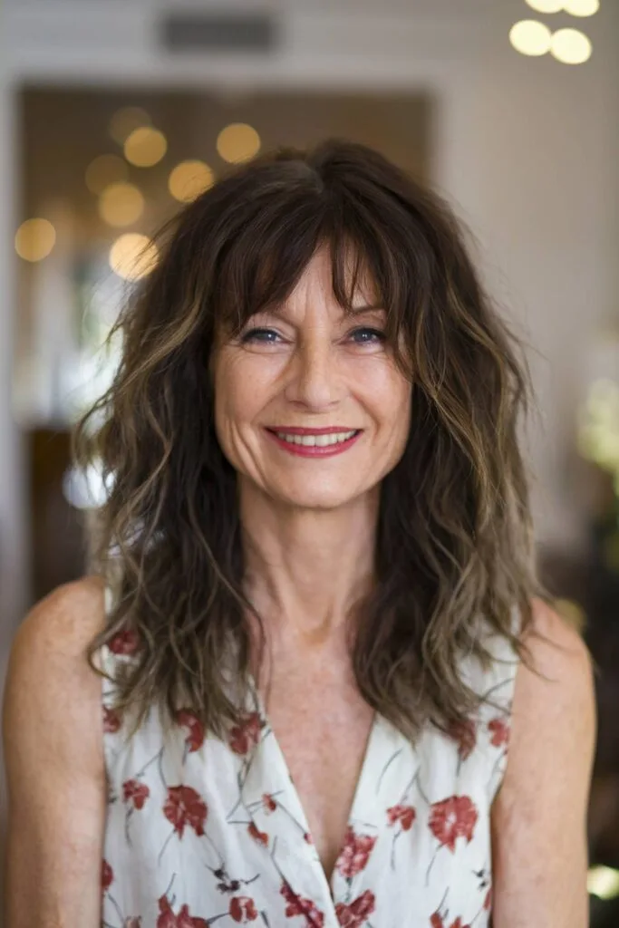 Medium brown layered shag with soft curtain bangs and textured waves for a natural, youthful look