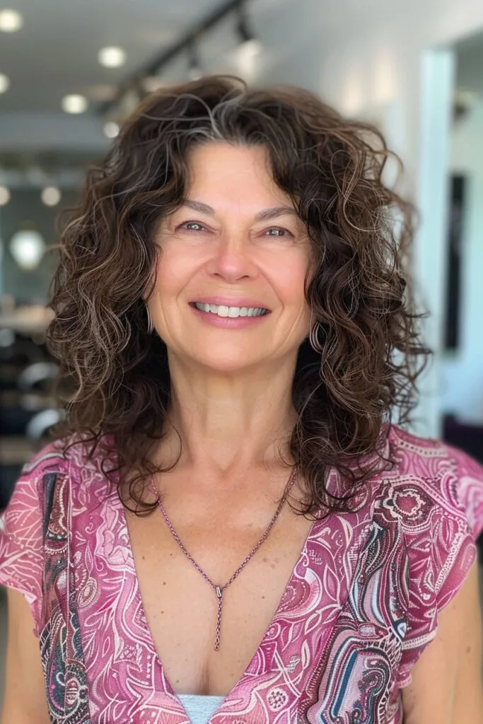 Medium curly shag haircut with bangs for women over 50