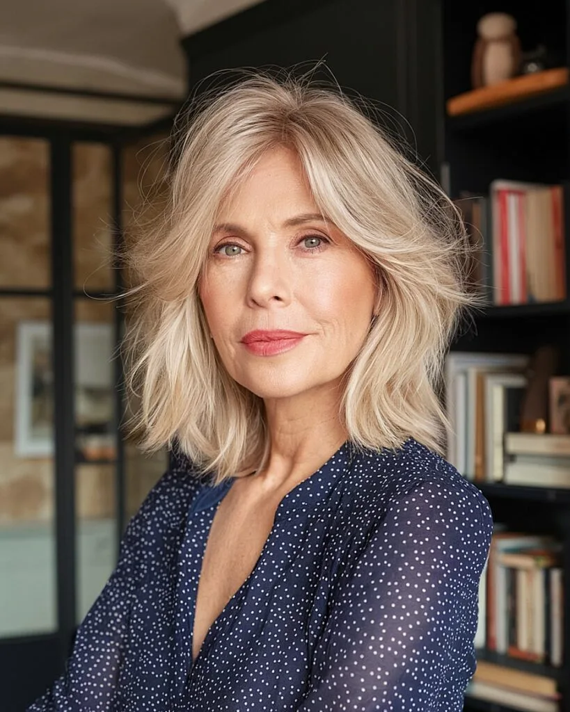 Medium-length shaggy bob haircut with feathered ends and side part for mature women