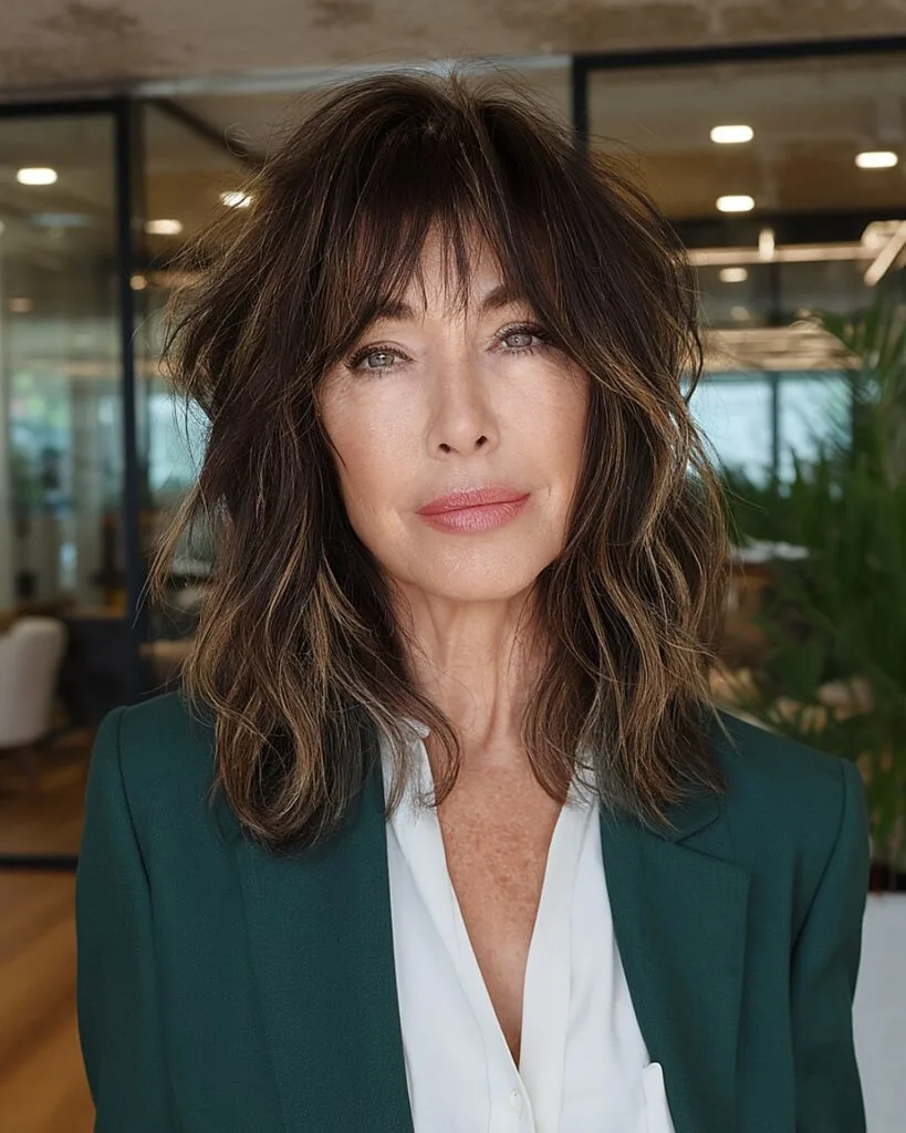Medium-length shaggy haircut with layered texture and dark brunette base for dimension
