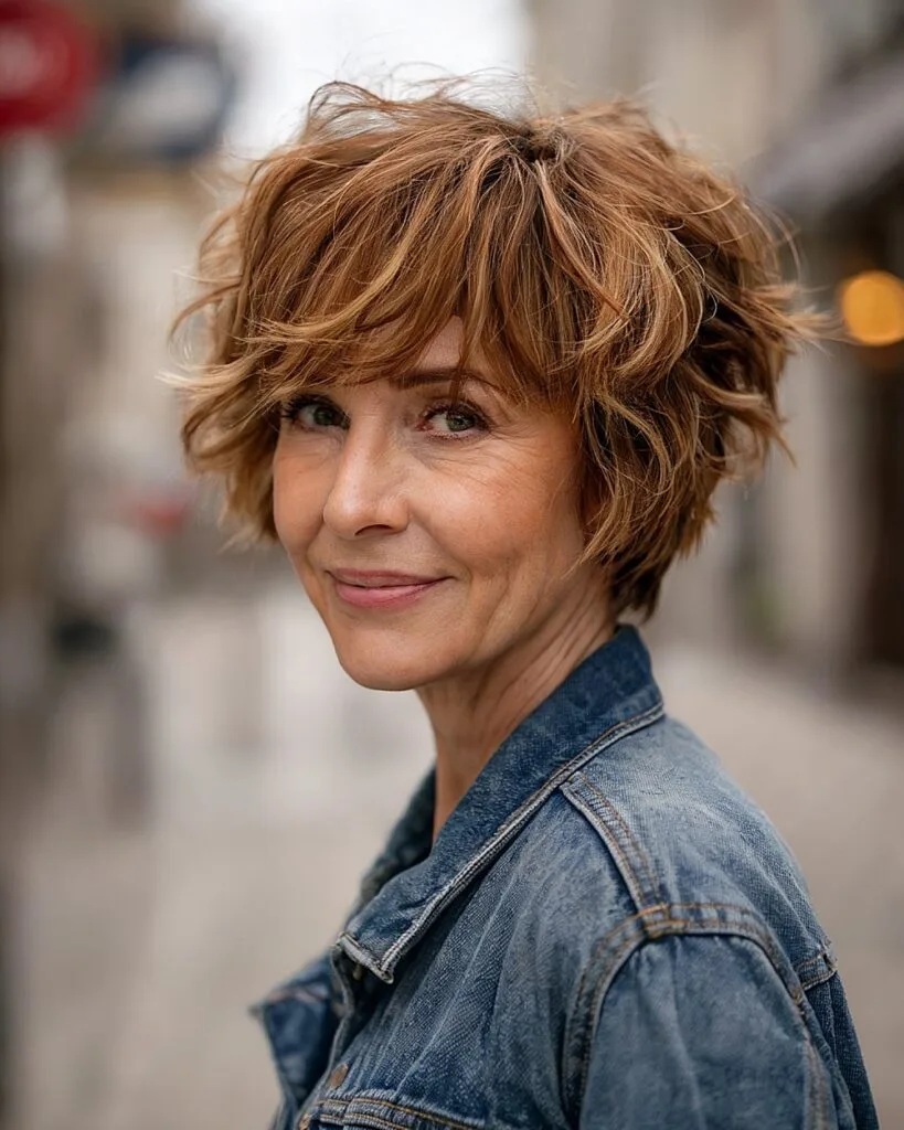 Messy chic pixie bob hairstyle for older women with tousled caramel layers and bangs
