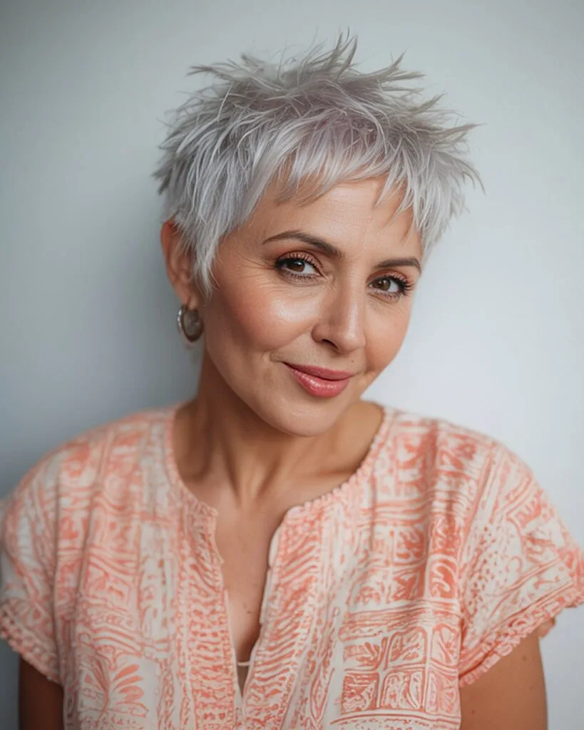 Messy spiky pixie haircut with soft edges for women over 50