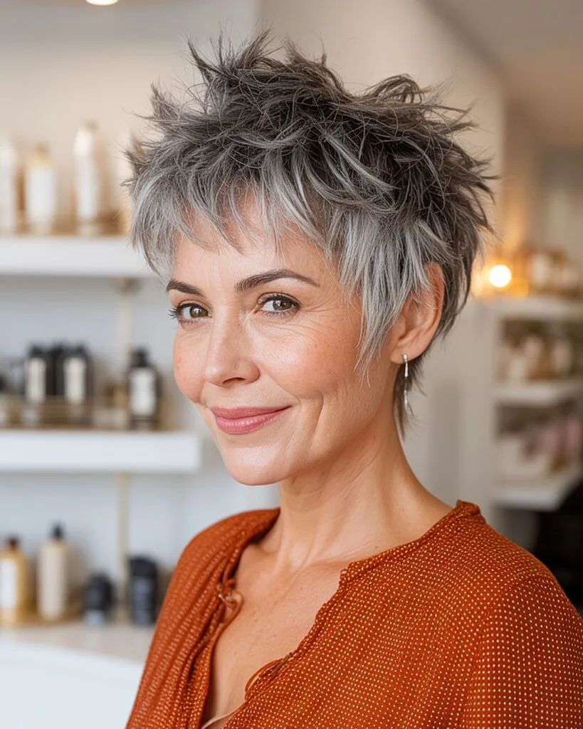 Messy spiky pixie with wispy bangs for women over 50 with gray hair