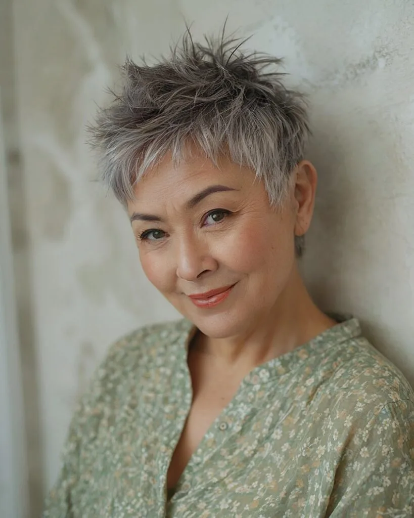 Messy textured pixie cut with spiky finish for women over 50