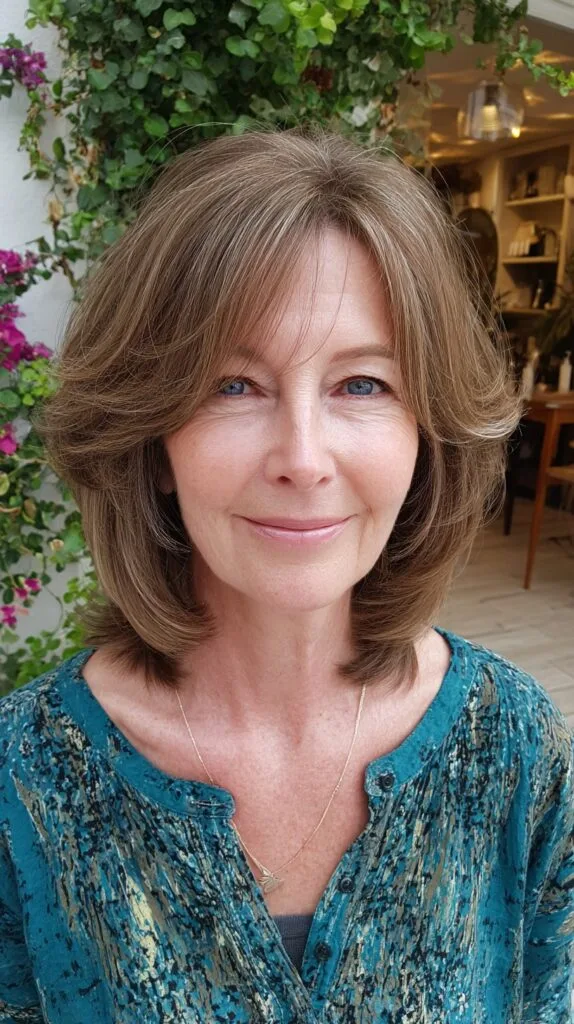 Mid-Length Face-Framing Layered Lob with Soft Curtain Fringe and Interior Bevel