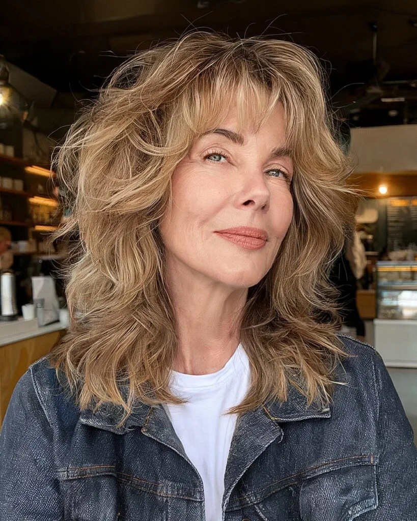 Mid-length shag haircut with voluminous layers and curtain bangs for a youthful look in women over 50