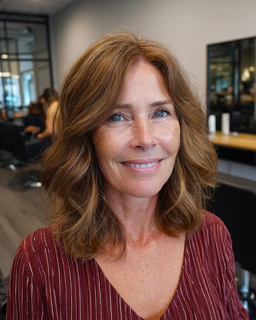 Mid-length textured long bob for women over 50 with natural waves and golden brown tones