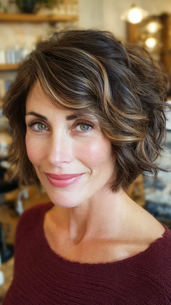 Modern Curly Choppy Bob with Warm Highlights