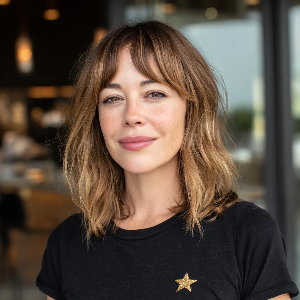 Modern Light Brown Textured Lob with Soft Bangs