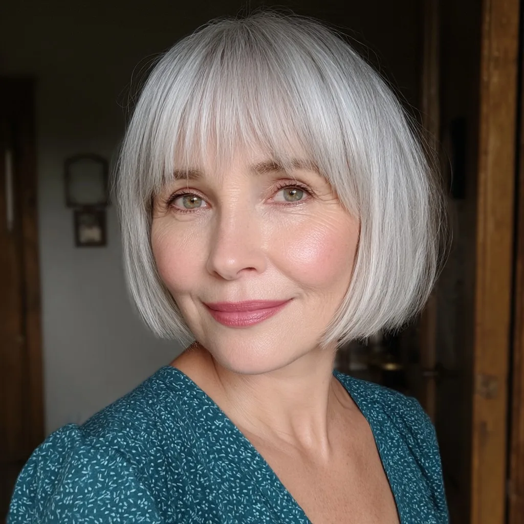 Modern Silver Bob with Soft Bangs
