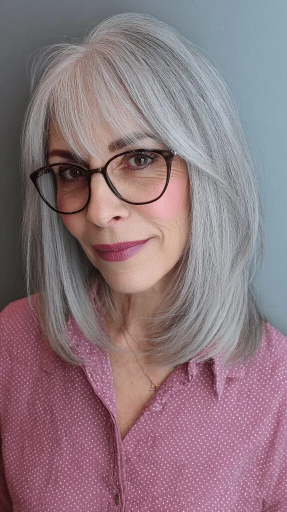 Modern Silver Lob with Soft Curtain Bangs