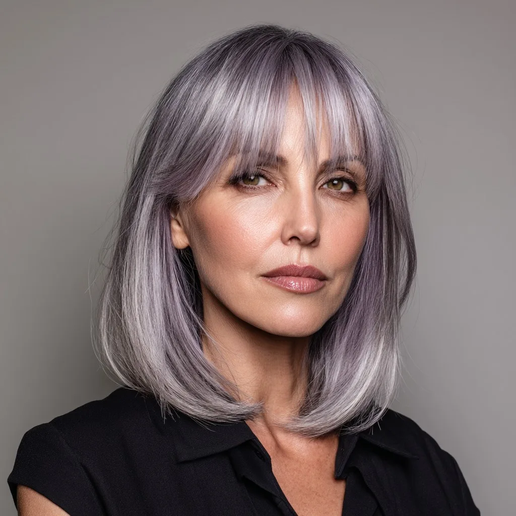 Modern Silvery Lob with Blunt Bangs