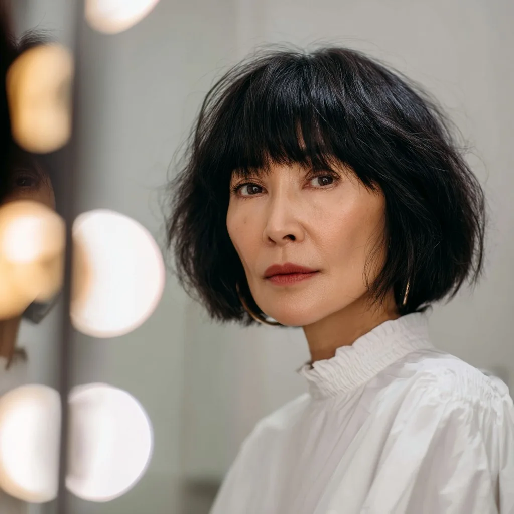 Modern Textured Bob with Soft Bangs for Thick Hair Over 40