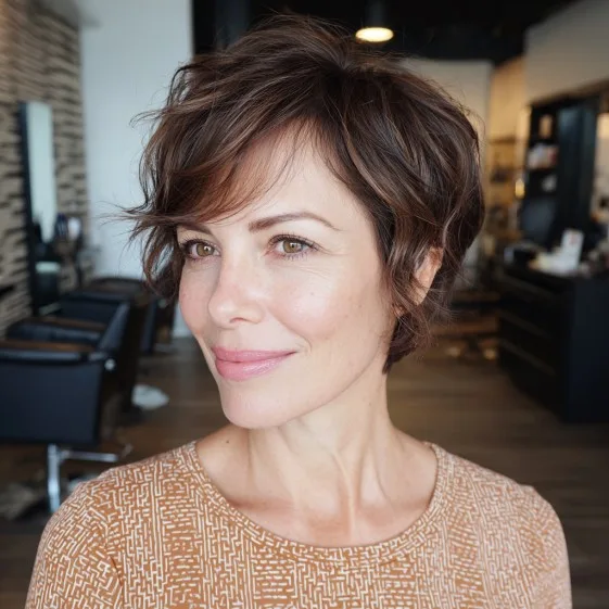 Modern Textured Brunette Pixie with Wispy Bangs