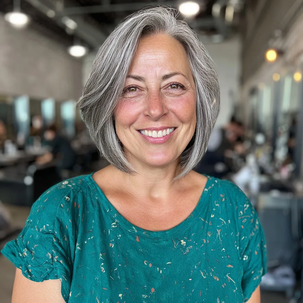 Modern Textured Gray Lob with Side-Swept Bangs