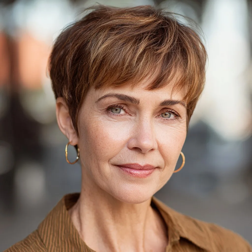 Modern Textured Short Brown Cut with Soft Bangs