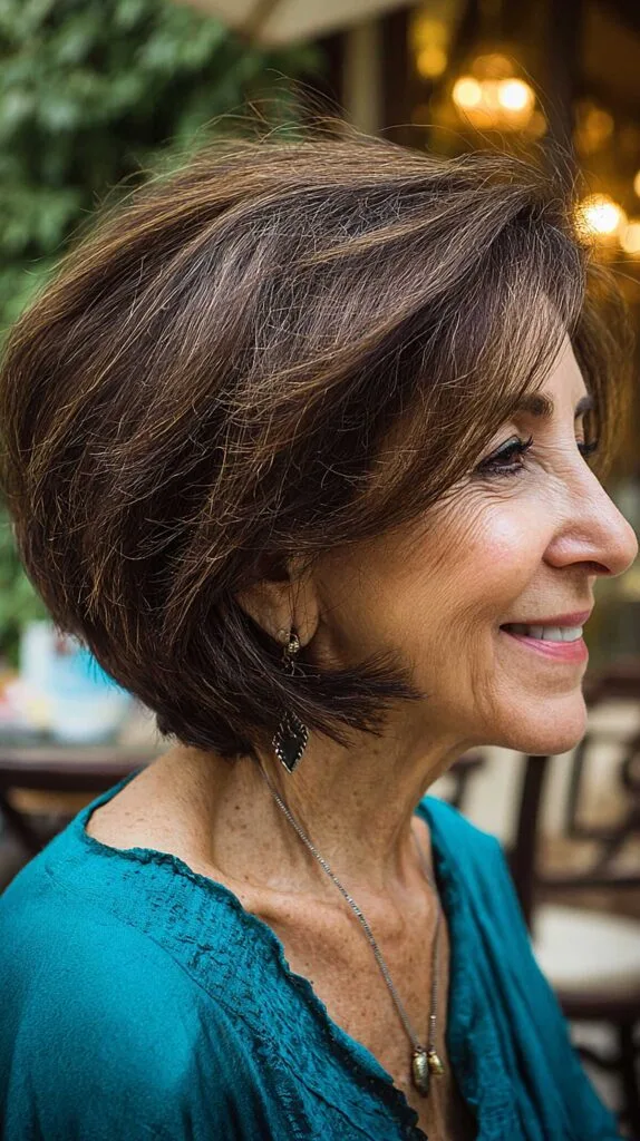 Natural brunette side-swept angled bob at dinner