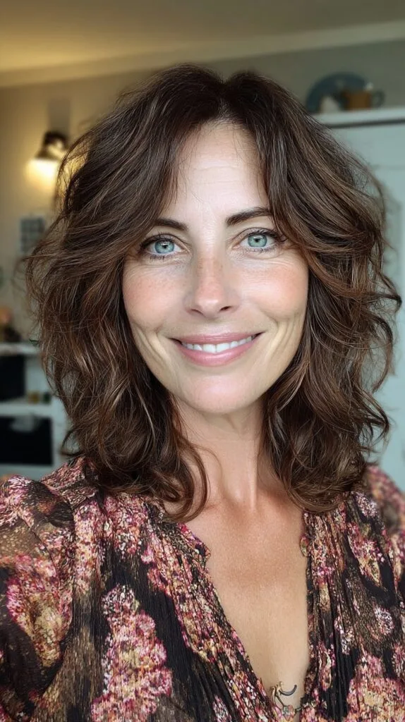 Natural Chestnut Mid-Length Shag with Crown-Lifted Layers