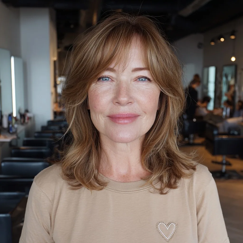 Natural Light Brown Shag with Curtain Bangs