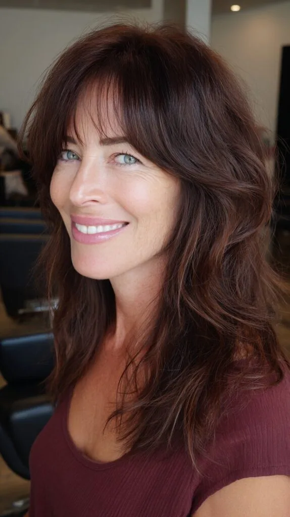 Natural Rooted Chocolate Mid-Length Shag with Feathered Face-Framing Fringe