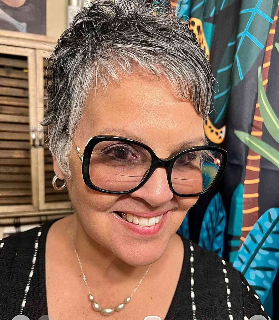 Naturally Grey Pixie Cut for Women Aged 50 with Eyeglasses and a sweeping fringe