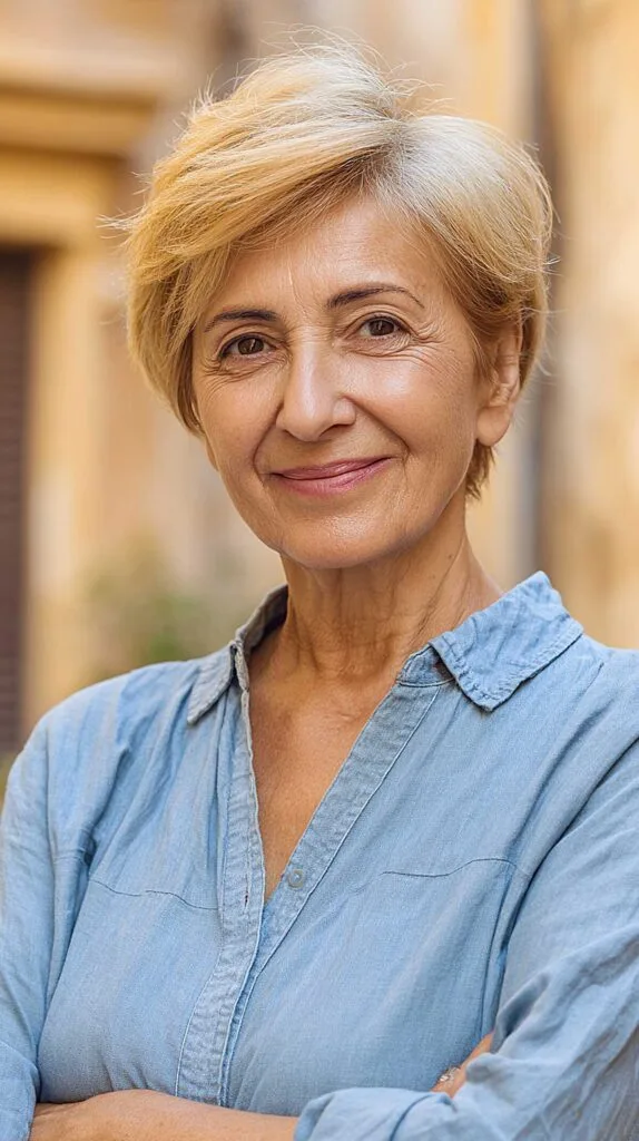 Neat blonde side-parted long pixie with tapered sides